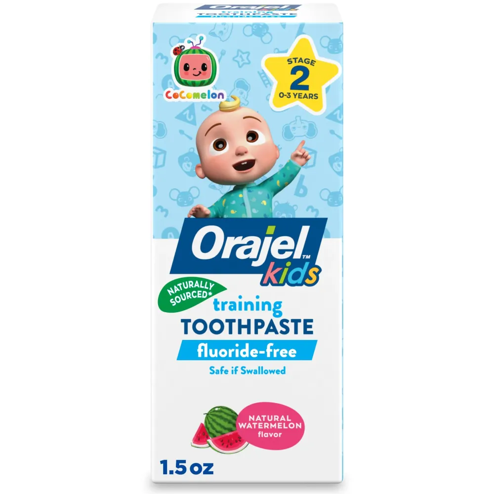 Orajel Kids CoComelon Training Toothpaste Fluoride-Free; 1 Pediatrician Recommended Fluoride-Free Toothpaste*, 1.5oz Tube Orajel Kids CoComelon Training Toothpaste Fluoride-Free; 1 Pediatrician Recommended Fluoride-Free Toothpaste*, 1.5oz Tube