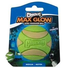 Chuckit! Max Glow Ultra Squeaker Ball, Medium (2.5 Inch Diameter), 1 Pack, for Breeds 20-60 lbs Chuckit! Max Glow Ultra Squeaker Ball, Medium (2.5 Inch Diameter), 1 Pack, for Breeds 20-60 lbs