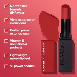 REVLON Lipstick, ColorStay Suede Ink, Built-in Primer, Infused with Vitamin E, Waterproof, Smudge-proof, Matte Color, 009 In Charge, 0.09 oz. REVLON Lipstick, ColorStay Suede Ink, Built-in Primer, Infused with Vitamin E, Waterproof, Smudge-proof, Matte Color, 009 In Charge, 0.09 oz.