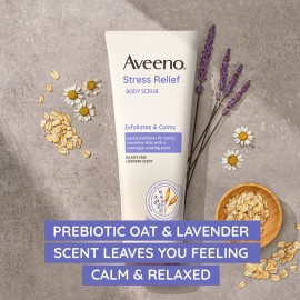Aveeno Stress Relief Body Scrub, Exfoliating Body Wash for Softer, Smoother Skin, Formulated with Prebiotic Oat & Lavender Scent to Calm & Relax, Sulfate-Free & Soap-Free, 8 fl. oz Aveeno Stress Relief Body Scrub, Exfoliating Body Wash for Softer, Smoother Skin, Formulated with Prebiotic Oat & Lavender Scent to Calm & Relax, Sulfate-Free & Soap-Free, 8 fl. oz