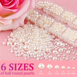 2700 Pcs Flat Back Pearls Kits 1 Box of Flatback White+1 Box of Beige Half Round Pearls with Pickup Pencil and Tweezer for Home DIY and Professional Nail Art, Face Makeup and Craft