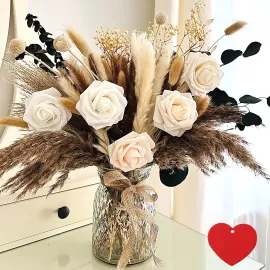 100pcs Artificial Flower Arrangements with Vase Included, Dining Table Centerpiece Decorations, Dried Pampas Grass Floral Centerpieces, Coffee Table Decor, Fake Flowers in Vase, Centro de Mesa