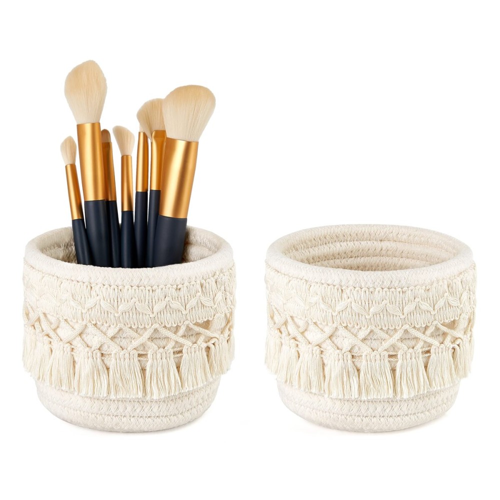 Mkono Macrame Makeup Brush Holder Organizer Comb Brushes Mini Storage Basket Set of 2 Boho Decor Baskets for Pen Pencil Box Container ,Ivory Mkono Macrame Makeup Brush Holder Organizer Comb Brushes Mini Storage Basket Set of 2 Boho Decor Baskets for Pen Pencil Box Container ,Ivory