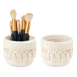 Mkono Macrame Makeup Brush Holder Organizer Comb Brushes Mini Storage Basket Set of 2 Boho Decor Baskets for Pen Pencil Box Container ,Ivory