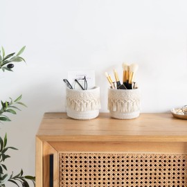 Mkono Macrame Makeup Brush Holder Organizer Comb Brushes Mini Storage Basket Set of 2 Boho Decor Baskets for Pen Pencil Box Container ,Ivory Mkono Macrame Makeup Brush Holder Organizer Comb Brushes Mini Storage Basket Set of 2 Boho Decor Baskets for Pen Pencil Box Container ,Ivory