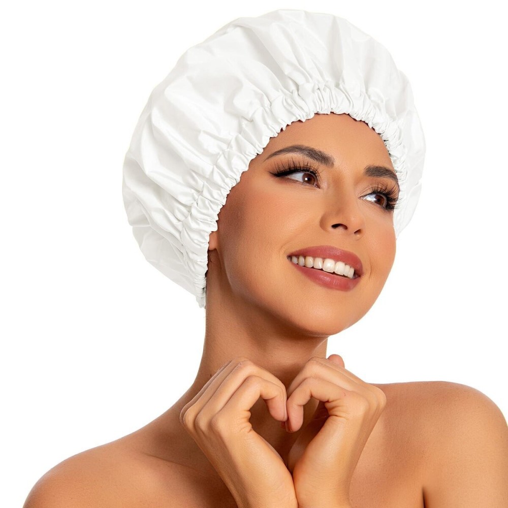 Reusable Shower Cap for Women, Large Waterproof Shower Essentials Bonnet Washable Elastic Band Bath Hair Wrap Hat for Long Hair, Braids(White) Reusable Shower Cap for Women, Large Waterproof Shower Essentials Bonnet Washable Elastic Band Bath Hair Wrap Hat for Long Hair, Braids(White)