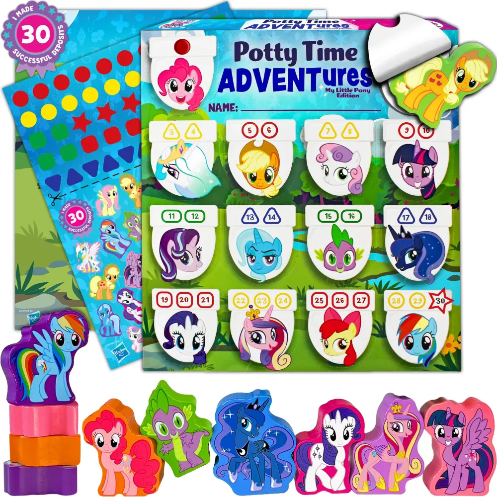 Potty Time Adventures Toddler Potty Training Chart by Lil ADVENTS - 14 Wooden Stacking Blocks / Prizes, Potty Training Advent Game - Behavior Reward Chart, Stickers & Activity Board - My Little Pony Potty Time Adventures Toddler Potty Training Chart by Lil ADVENTS - 14 Wooden Stacking Blocks / Prizes, Potty Training Advent Game - Behavior Reward Chart, Stickers & Activity Board - My Little Pony