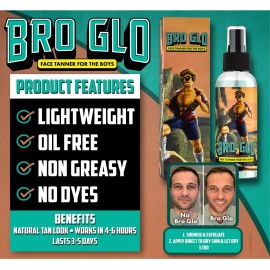 Bro Glo Self Tanner for The Boys - Quick Application Foam Mousse - Easy Sunless Tan For Your Face - Oil Free Water Based for Faster Skin Drying - Natural Sun Kissed Bronze Color Perfect for Men - Beac