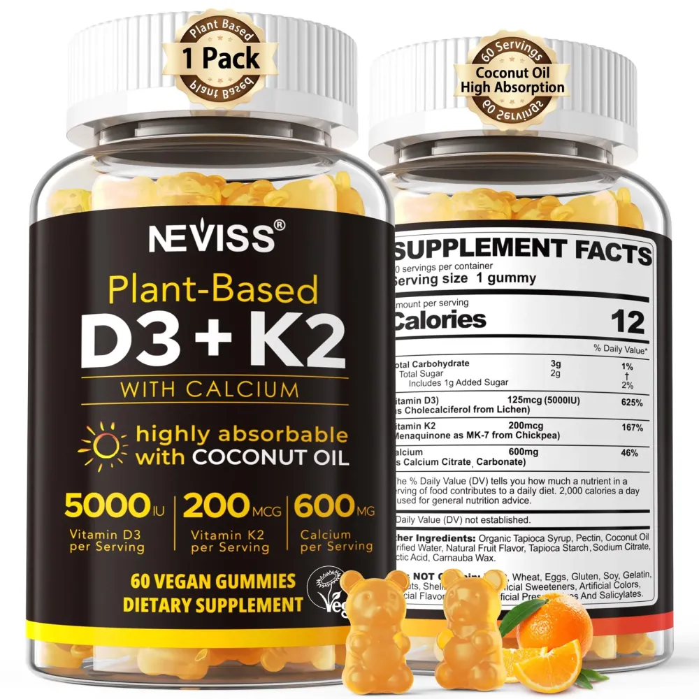 Vitamin D3 5000iu & K2( as MK7 ) 200mcg Gummies + 600mg Calcium, with Coconut Oil for High Absorption, Maximum Strength Vitamin D3 K2 Supplement - Support for Bones Muscle Teeth Immune, Vegan 60 Count Vitamin D3 5000iu & K2( as MK7 ) 200mcg Gummies + 600mg Calcium, with Coconut Oil for High Absorption, Maximum Strength Vitamin D3 K2 Supplement - Support for Bones Muscle Teeth Immune, Vegan 60 Count