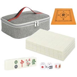 Chinese Creamy White 1.17 inches Compact Mahjong Set, Travel Small Size, 144 + 8 Blank Melamine Tiles, with Portable Travel Handbag Complete Mahjong Game Set