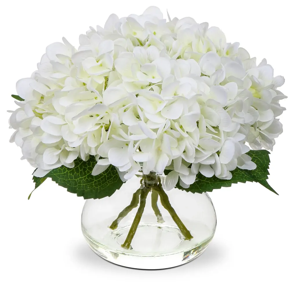 Hollyone Hydrangea Artificial Flowers with Vase White Silk Fake Flowers Arrangements in Glass Vase with Faux Water for Home Bathroom Office Table Centerpiece Shelf Decorations Hollyone Hydrangea Artificial Flowers with Vase White Silk Fake Flowers Arrangements in Glass Vase with Faux Water for Home Bathroom Office Table Centerpiece Shelf Decorations