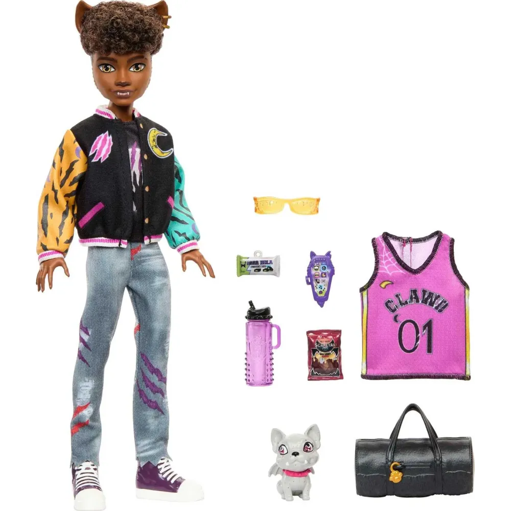 Monster High Doll, Clawd Wolf Werewolf with Pet Gargoyle Bulldog & Themed Accessories, Includes Casketball Jersey & Bag Monster High Doll, Clawd Wolf Werewolf with Pet Gargoyle Bulldog & Themed Accessories, Includes Casketball Jersey & Bag