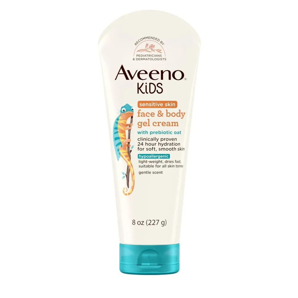Aveeno Sensitive Skin Face & Body Gel Cream for Kids with Prebiotic Oat, Clinically Proven 24 Hour Hydration for Soft Skin, Quick Drying and Lightweight, Hypoallergenic, 8 oz