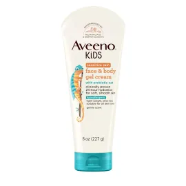 Aveeno Sensitive Skin Face & Body Gel Cream for Kids with Prebiotic Oat, Clinically Proven 24 Hour Hydration for Soft Skin, Quick Drying and Lightweight, Hypoallergenic, 8 oz
