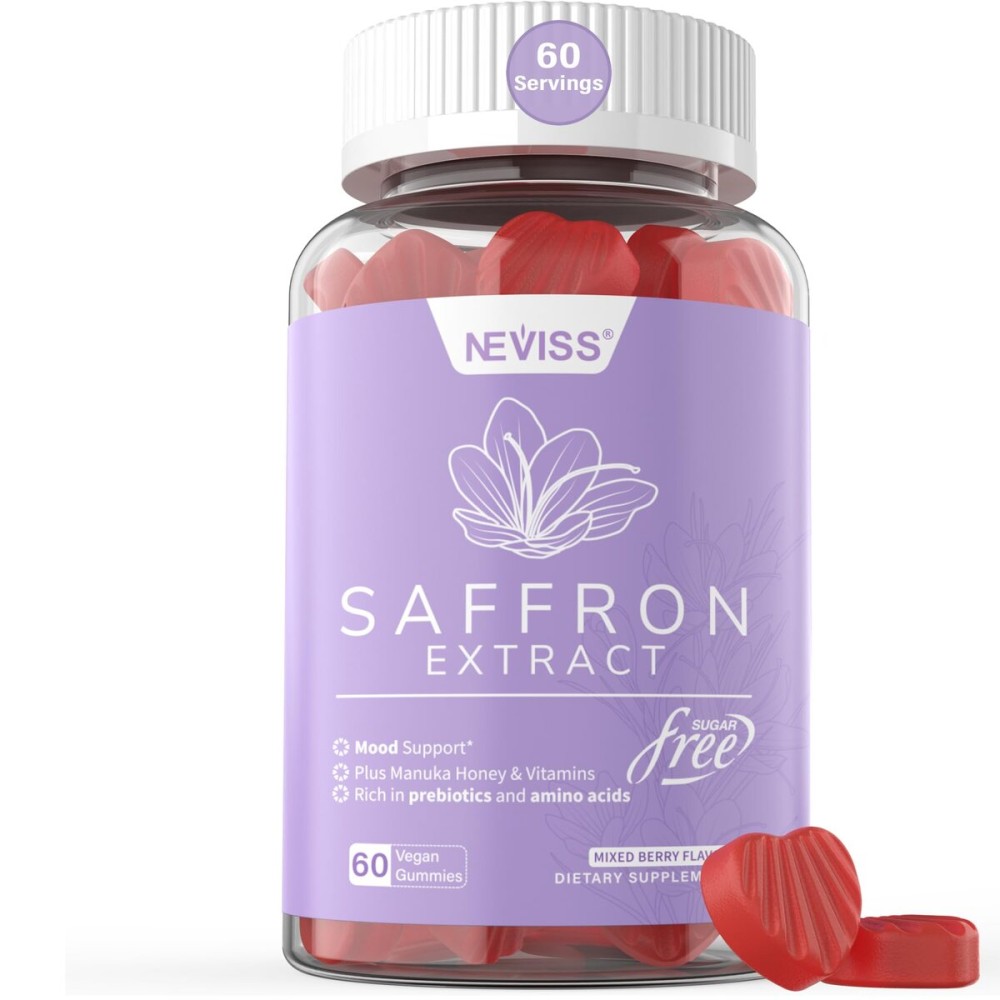 NEVISS Saffron Gummies - Saffron Supplement 100% Pure Saffron Extract Whole Herb Gummies with Honey for Mood & Power, Vitamin B6, B12, D3, C - Sugar Free - Organic, Vegan, Mixed Berry Flavor - 60Cts NEVISS Saffron Gummies - Saffron Supplement 100% Pure Saffron Extract Whole Herb Gummies with Honey for Mood & Power, Vitamin B6, B12, D3, C - Sugar Free - Organic, Vegan, Mixed Berry Flavor - 60Cts