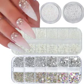 4 Boxes Flatback Rhinestones and Pearls Nail Charms for Acrylics - Crystals, Half Rounds, and Accessories for DIY Nail Art Decor 4 Boxes Flatback Rhinestones and Pearls Nail Charms for Acrylics - Crystals, Half Rounds, and Accessories for DIY Nail Art Decor