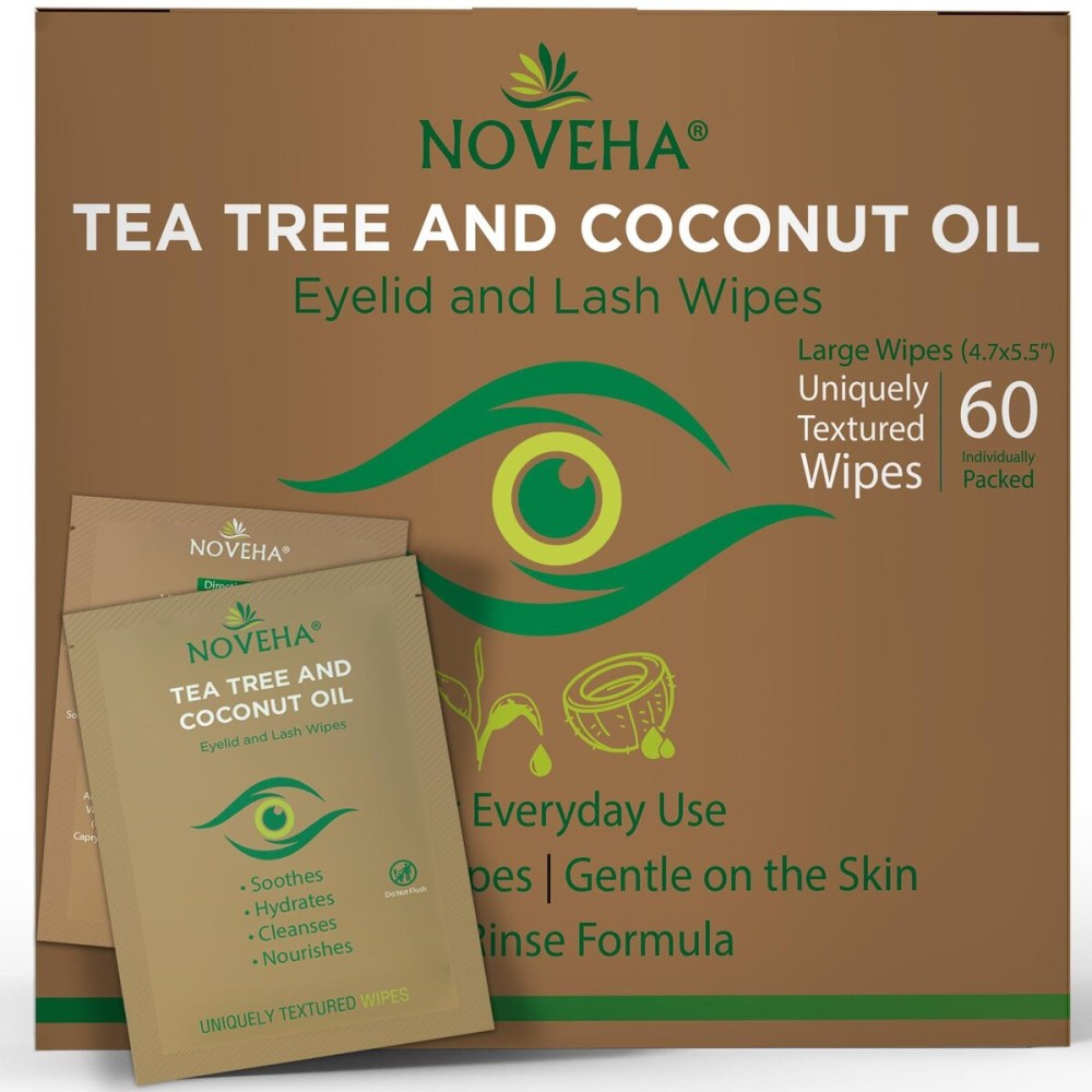 NOVEHA Tea Tree & Coconut Oil Eyelid & Lash Wipes | For Demodex, Blepharitis & Itchy Eyes, Box Of 60 Individually Wrapped Eyelash Wipes With Aloe Vera, Natural Makeup Remover & Daily Eye Cleanser NOVEHA Tea Tree & Coconut Oil Eyelid & Lash Wipes | For Demodex, Blepharitis & Itchy Eyes, Box Of 60 Individually Wrapped Eyelash Wipes With Aloe Vera, Natural Makeup Remover & Daily Eye Cleanser