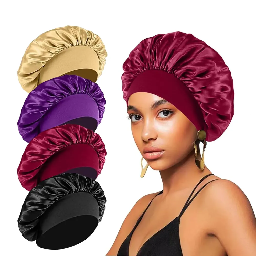 4PCS Silk Bonnet for Sleeping,Hair Wrap Satin Bonnets Shower Cap for Black Women Men, Elastic Wide Band Hair Bonnet Cap for Sleeping Curly Hair(Black & Wine Red & Purple & Brown) 4PCS Silk Bonnet for Sleeping,Hair Wrap Satin Bonnets Shower Cap for Black Women Men, Elastic Wide Band Hair Bonnet Cap for Sleeping Curly Hair(Black & Wine Red & Purple & Brown)