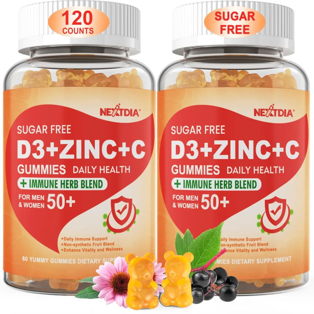 Sugar Free Vitamin C + D3 + Zinc Gummies for Adults 50 +, 9 in 1 Immune Defense Supplement with D3 5000IU, Elderberry, Echinacea, Mullein Leaf for Boost Immunity, Power Antioxidant, Vegan (Pack of 2) Sugar Free Vitamin C + D3 + Zinc Gummies for Adults 50 +, 9 in 1 Immune Defense Supplement with D3 5000IU, Elderberry, Echinacea, Mullein Leaf for Boost Immunity, Power Antioxidant, Vegan (Pack of 2)