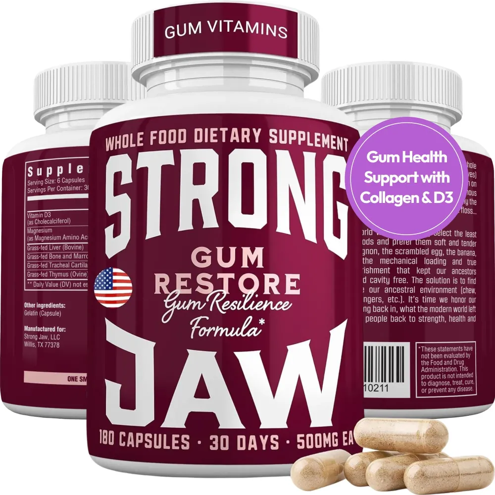 Strong Jaw Gum Restore - Gum Care + Teeth Vitamins - Gum Health & Oral Health - Supports Receding Gums & Gum Care - Dental Vitamins for Adults - 180 Capsules, Non-GMO Gum Health Supplements Strong Jaw Gum Restore - Gum Care + Teeth Vitamins - Gum Health & Oral Health - Supports Receding Gums & Gum Care - Dental Vitamins for Adults - 180 Capsules, Non-GMO Gum Health Supplements