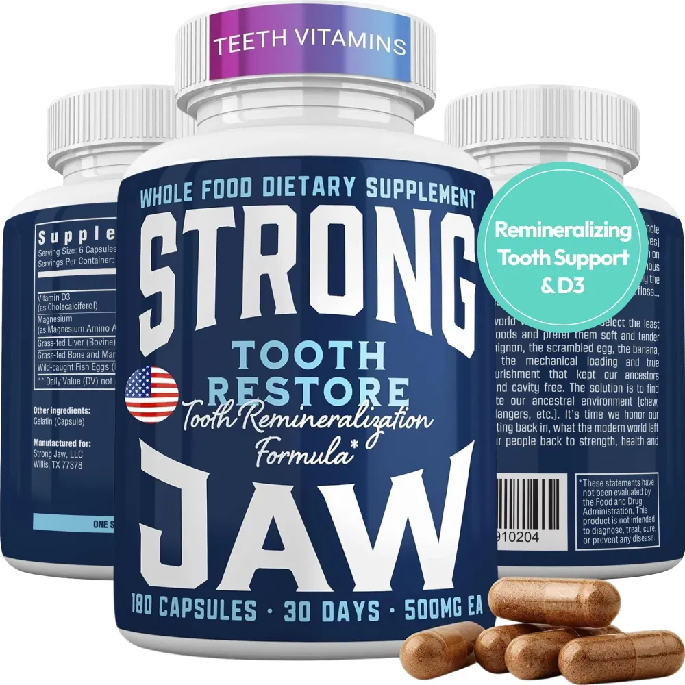 Strong Jaw Tooth Restore for Adults with Remineralizing Gum Support 180 Capsules Made in USA - Teeth Vitamins for Strong Teeth Bone Health Supplement Calcium VitaminD3 Hydroxyapatite Enamel Repair Strong Jaw Tooth Restore for Adults with Remineralizing Gum Support 180 Capsules Made in USA - Teeth Vitamins for Strong Teeth Bone Health Supplement Calcium VitaminD3 Hydroxyapatite Enamel Repair
