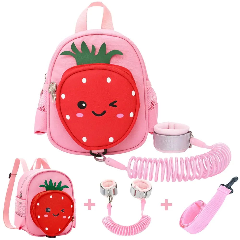 Toddler Backpack with Leash, Accmor 4 in 1 Kids Mini Backpacks with Anti Lost Wrist Link, Cute Child Harness Bag Rein for Outdoor, Strawberry Back Pack Rope Tether for Baby Girls Aged 1-3 Years (Pink)