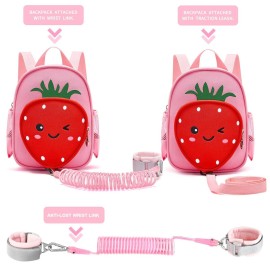 Toddler Backpack with Leash, Accmor 4 in 1 Kids Mini Backpacks with Anti Lost Wrist Link, Cute Child Harness Bag Rein for Outdoor, Strawberry Back Pack Rope Tether for Baby Girls Aged 1-3 Years (Pink)