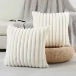 FUTEI Cream White Striped Decorative Throw Pillow Covers 18x18 Inch Set of 2,Square Spring Decorations Couch Pillow Case,Soft Cozy Faux Rabbit Fur & Velvet Back,Modern Home Decor for Bed