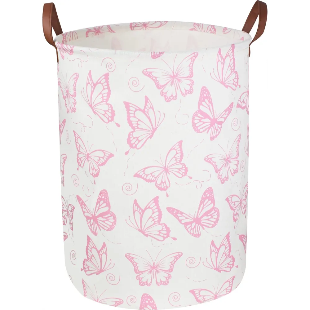 CLOCOR Pink Laundry Basket,Waterproof Nursery Hamper for Baby Girl ,Collapsible Storage Baskets for Girls Bedroom,Kids Toys Storage Bin,Room Decor,Gift BasketPink Butterfly