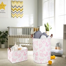 CLOCOR Pink Laundry Basket,Waterproof Nursery Hamper for Baby Girl ,Collapsible Storage Baskets for Girls Bedroom,Kids Toys Storage Bin,Room Decor,Gift BasketPink Butterfly