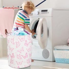 CLOCOR Pink Laundry Basket,Waterproof Nursery Hamper for Baby Girl ,Collapsible Storage Baskets for Girls Bedroom,Kids Toys Storage Bin,Room Decor,Gift BasketPink Butterfly