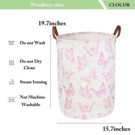 CLOCOR Pink Laundry Basket,Waterproof Nursery Hamper for Baby Girl ,Collapsible Storage Baskets for Girls Bedroom,Kids Toys Storage Bin,Room Decor,Gift BasketPink Butterfly