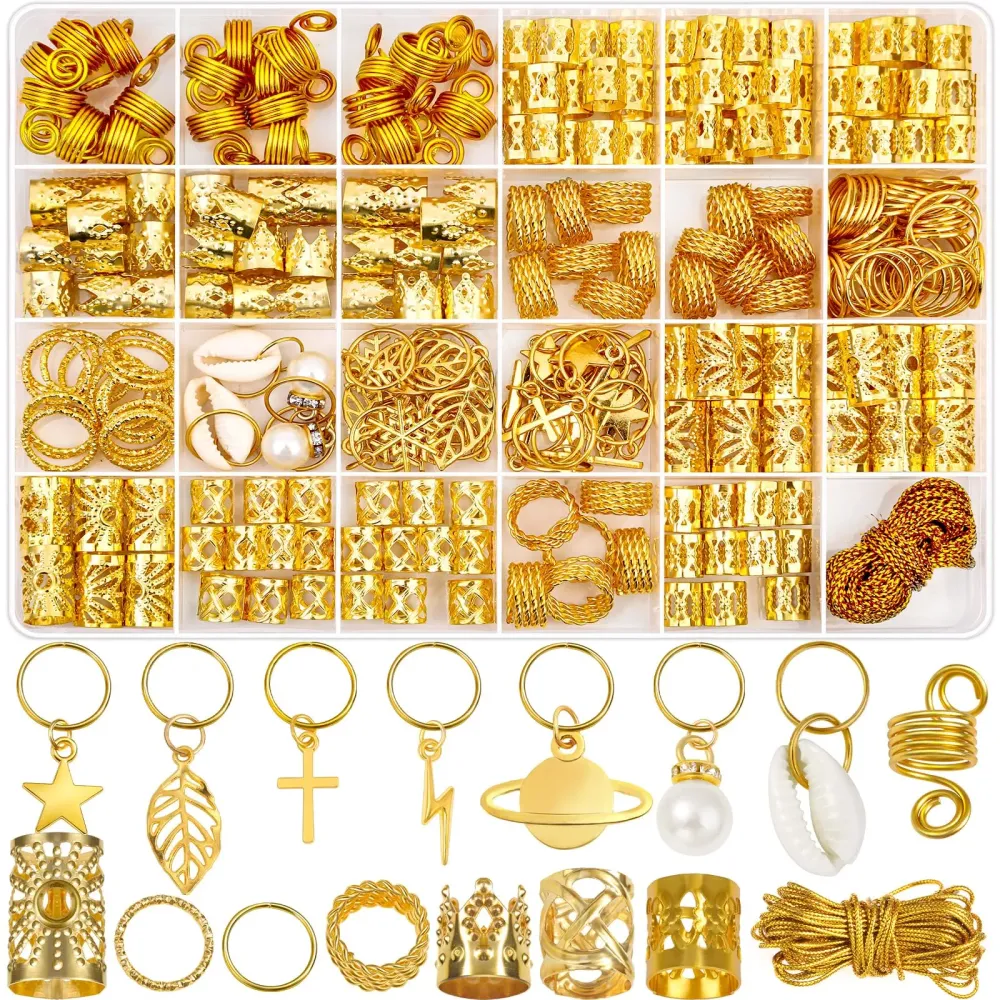 Lucomb 259 Pcs Hair Jewelry for Braids, Loc Jewelry for Hair Dreadlock, Charm Accessories for Women, Metal Gold Braids Rings Cuffs Clips for Dreadlock Accessories Clips Rings Extensions Decorations