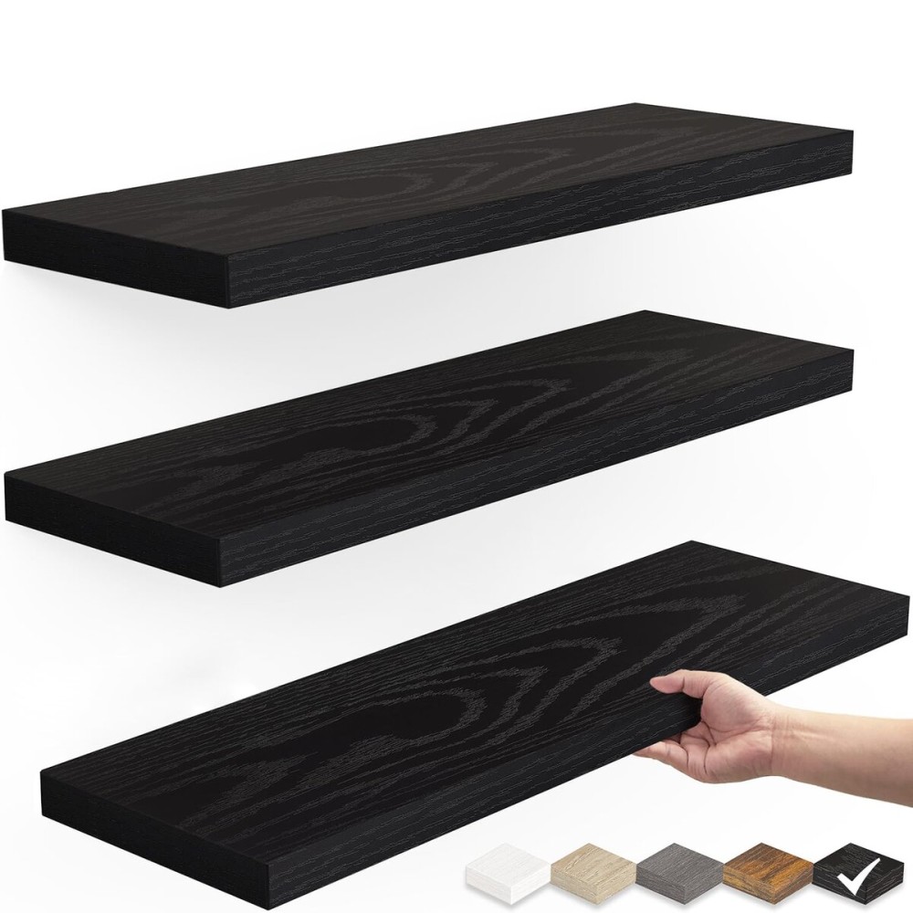 BAYKA Floating Shelves for Wall, Wall Mounted Rustic Wood Shelves for Bathroom, Bedroom, Living Room, Kitchen, Hanging Shelf for Books/Storage/Room Decor with 22lbs Capacity (Black, Set of 3, 15.7in) BAYKA Floating Shelves for Wall, Wall Mounted Rustic Wood Shelves for Bathroom, Bedroom, Living Room, Kitchen, Hanging Shelf for Books/Storage/Room Decor with 22lbs Capacity (Black, Set of 3, 15.7in)