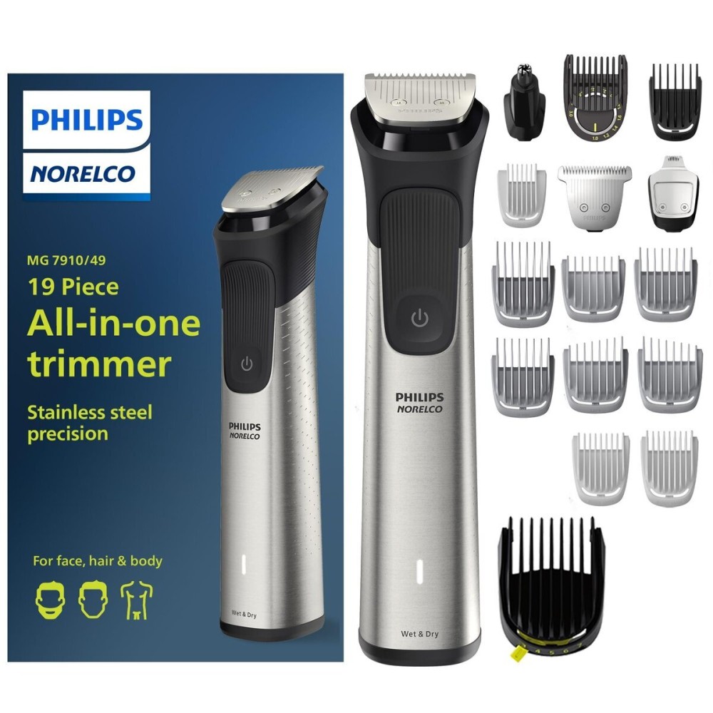 Norelco Philips Multigroom 7000 Series, All-in-One Trimmer, Beard Trimmer and Hair Clipper, 19-Piece Men\'s Grooming Kit for Beard, Head, Hair, Body, and Face, Soft Pouch, MG7910/49