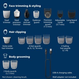 Norelco Philips Multigroom 7000 Series, All-in-One Trimmer, Beard Trimmer and Hair Clipper, 19-Piece Men\'s Grooming Kit for Beard, Head, Hair, Body, and Face, Soft Pouch, MG7910/49