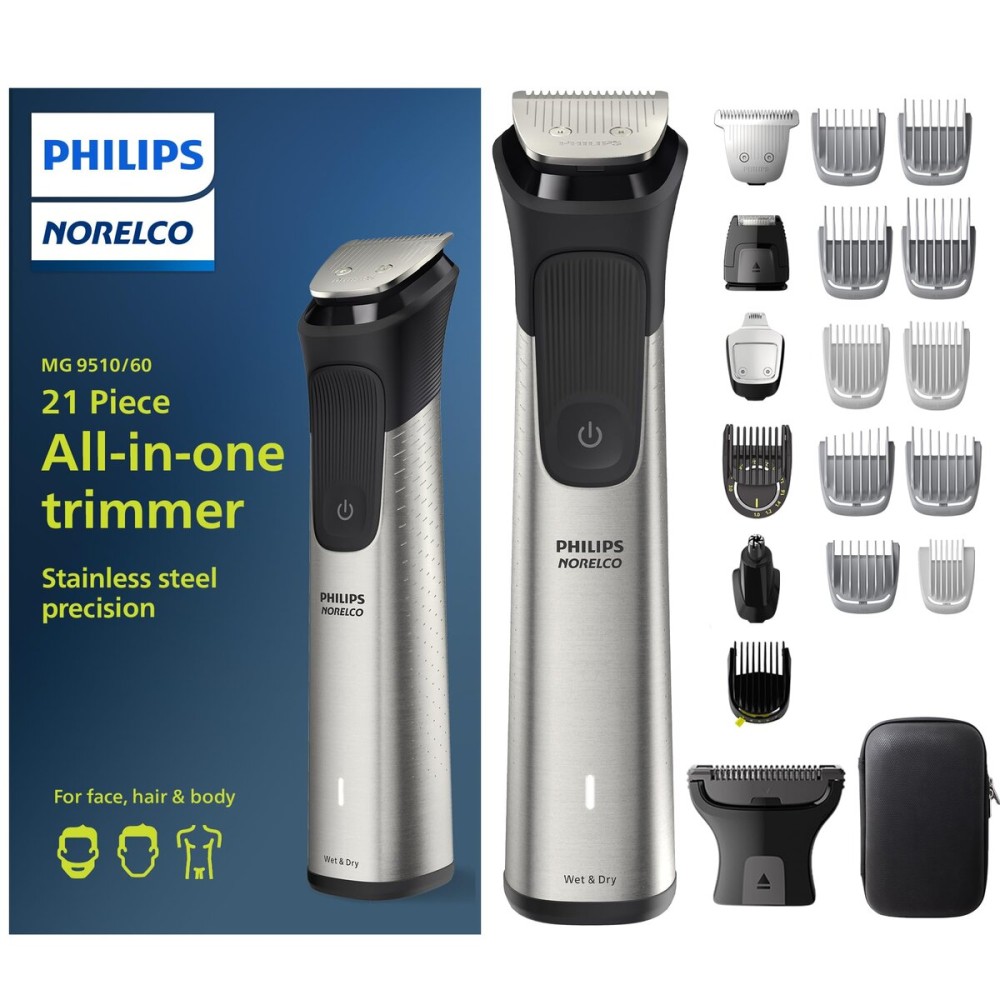 Philips Norelco Multigroom Series 9000 - 21 piece Men\'s Grooming Kit for beard, body, face, nose, ear hair trimmer w/ premium storage case, MG9510/60 Philips Norelco Multigroom Series 9000 - 21 piece Men\'s Grooming Kit for beard, body, face, nose, ear hair trimmer w/ premium storage case, MG9510/60