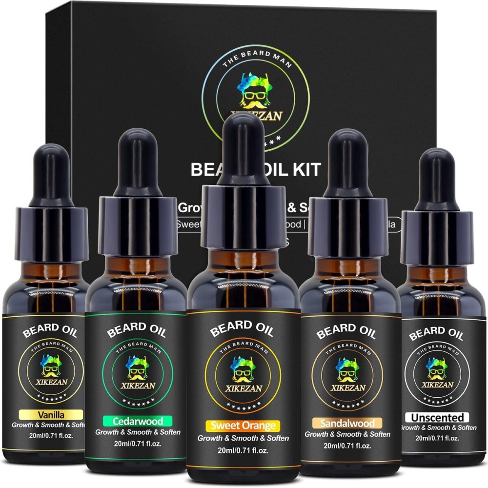 XIKEZAN 5 Pack Beard Oil Set w/Sandalwood,Orange,Vanilla,Cedarwood,Christmas Stocking Stuffers Fathers Valentines Gifts for Men Him Dad Boyfriend Husband,Beard Growth,Soften,Moisturizing,Strength XIKEZAN 5 Pack Beard Oil Set w/Sandalwood,Orange,Vanilla,Cedarwood,Christmas Stocking Stuffers Fathers Valentines Gifts for Men Him Dad Boyfriend Husband,Beard Growth,Soften,Moisturizing,Strength