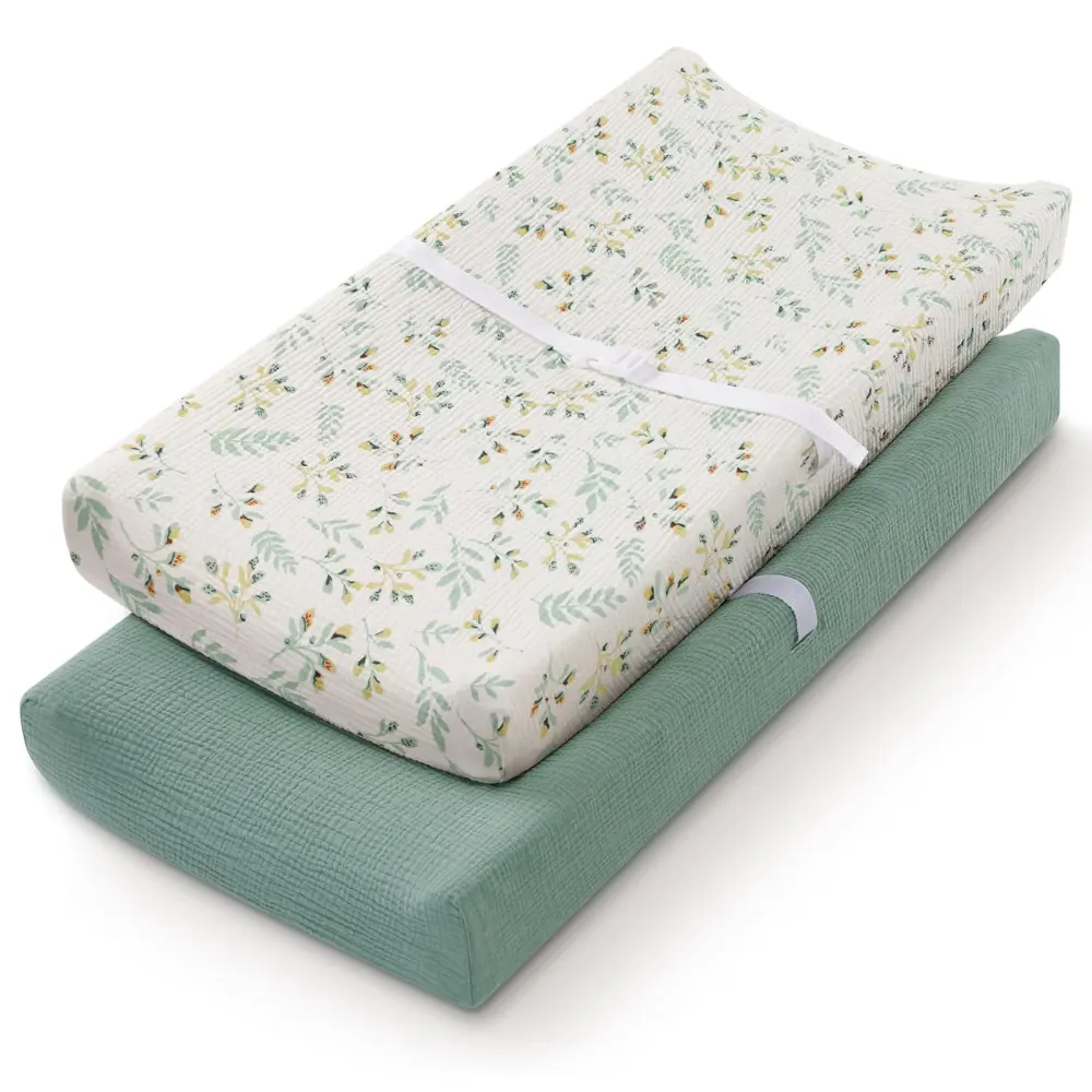 Blissful Diary Muslin Changing Pad Cover for Girls Boys, Ultra Soft Breathable Cotton, Baby Diaper Change Table Pad Covers, 2Pack (Roman Green&Leaf) Blissful Diary Muslin Changing Pad Cover for Girls Boys, Ultra Soft Breathable Cotton, Baby Diaper Change Table Pad Covers, 2Pack (Roman Green&Leaf)