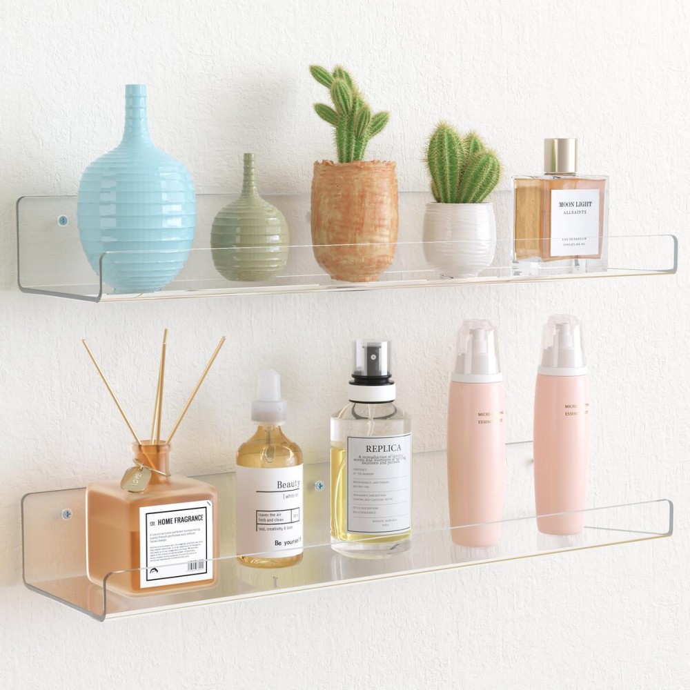 upsimples 2 Pack Acrylic Shelves for Wall Storage, 15 Floating Bookshelves for Kids, Display Shelf Organizer for Bathroom, Bedroom, Living Room Decor, Kitchen, Clear upsimples 2 Pack Acrylic Shelves for Wall Storage, 15 Floating Bookshelves for Kids, Display Shelf Organizer for Bathroom, Bedroom, Living Room Decor, Kitchen, Clear
