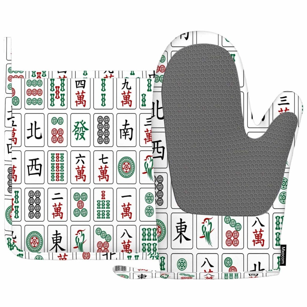 Mxocom Majiang Tiles Heat-Resistant Oven Mitts and Pot Holder Bamboos Dots Characters from 1 to 9 and Honors Mahjong Kitchen Non-Slip Cooking Microwave Gloves for Cooking Baking Grilling Mxocom Majiang Tiles Heat-Resistant Oven Mitts and Pot Holder Bamboos Dots Characters from 1 to 9 and Honors Mahjong Kitchen Non-Slip Cooking Microwave Gloves for Cooking Baking Grilling