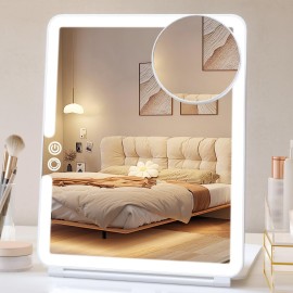 FUNTOUCH 1800mAh Rechargeable Large Travel Makeup Mirror, 10x7.5 Portable Lighted Makeup Mirror with 10X Magnifying Mirror 3 Color Lights, Touch Screen Dimming Folding Light Up Mirror for Travel