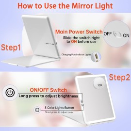 FUNTOUCH 1800mAh Rechargeable Large Travel Makeup Mirror, 10x7.5 Portable Lighted Makeup Mirror with 10X Magnifying Mirror 3 Color Lights, Touch Screen Dimming Folding Light Up Mirror for Travel FUNTOUCH 1800mAh Rechargeable Large Travel Makeup Mirror, 10x7.5 Portable Lighted Makeup Mirror with 10X Magnifying Mirror 3 Color Lights, Touch Screen Dimming Folding Light Up Mirror for Travel