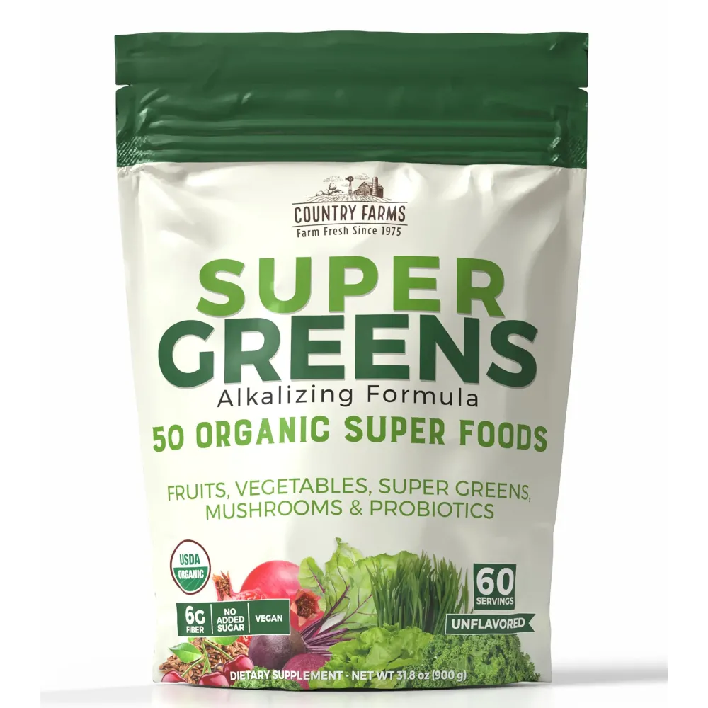 COUNTRY FARMS Super Greens Natural Flavor, 50 Organic Super Foods, USDA Organic Drink Mix, Fruits, Vegetables, Super Greens, with Fiber, Mushrooms & Probiotics, Supports Energy, 60 Servings, 900g COUNTRY FARMS Super Greens Natural Flavor, 50 Organic Super Foods, USDA Organic Drink Mix, Fruits, Vegetables, Super Greens, with Fiber, Mushrooms & Probiotics, Supports Energy, 60 Servings, 900g