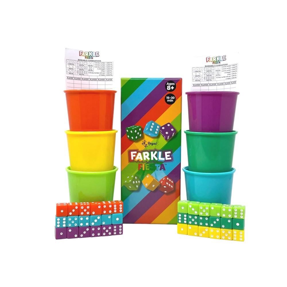 Regal Games - Farkle Fiesta Classic Dice Game w/ 6 Colored Dice Sets, 6 Convenient Dice Cups for Easy Shaking, & 20 Score Sheets - Fun Family Game for Travel, Camp - Ideal for 2-4 Players (Ages 8+) Regal Games - Farkle Fiesta Classic Dice Game w/ 6 Colored Dice Sets, 6 Convenient Dice Cups for Easy Shaking, & 20 Score Sheets - Fun Family Game for Travel, Camp - Ideal for 2-4 Players (Ages 8+)