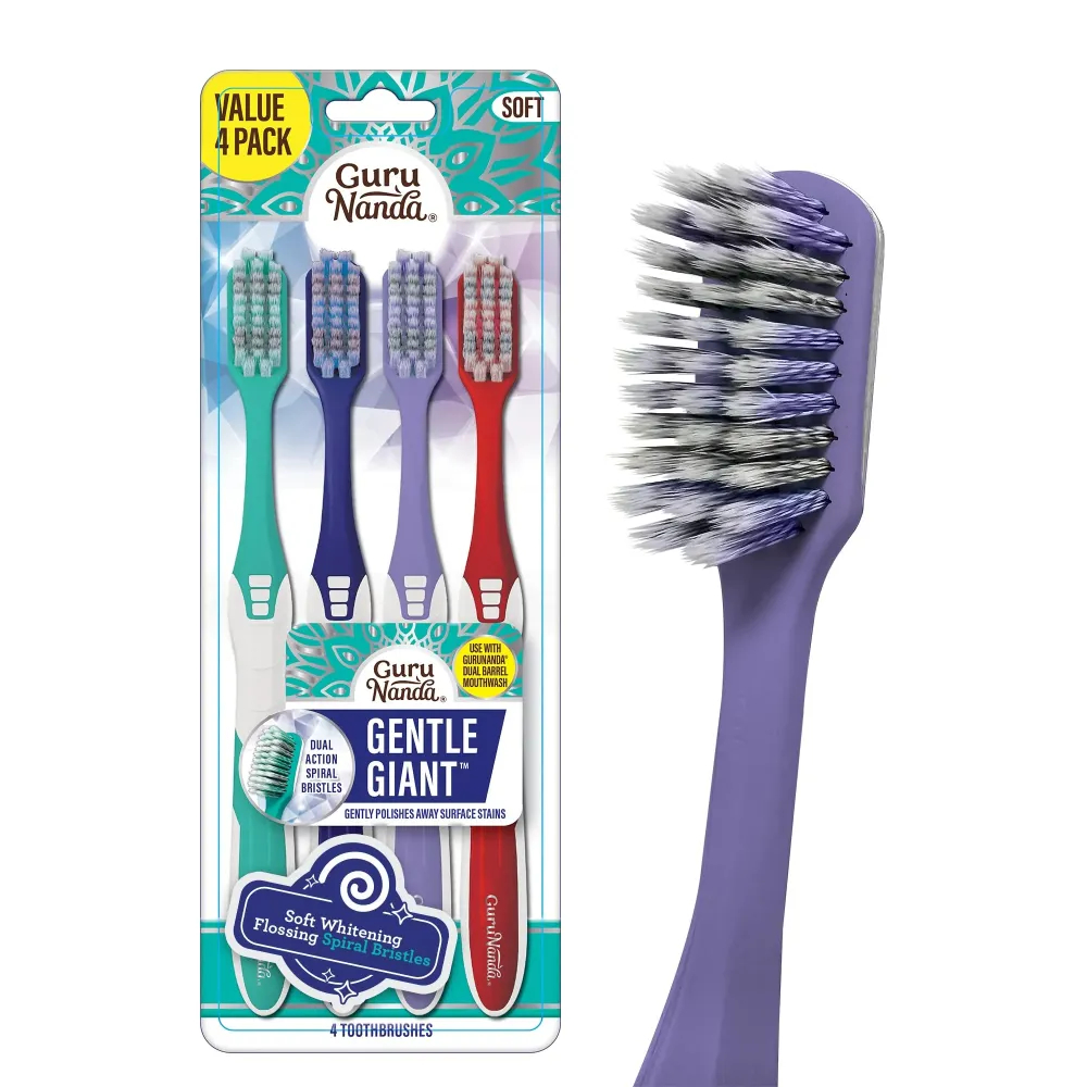GuruNanda Gentle Giant Toothbrush with Dual Action Flossing Spiral Bristles, Non-Slip Ergo Dexa Grip, Helps in Teeth Whitening, BPA Free, (4 Count) GuruNanda Gentle Giant Toothbrush with Dual Action Flossing Spiral Bristles, Non-Slip Ergo Dexa Grip, Helps in Teeth Whitening, BPA Free, (4 Count)