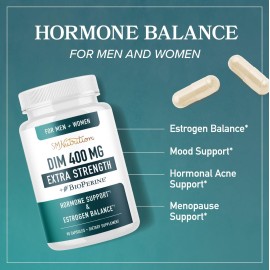 DIM Supplement 400MG Extra Strength | Hormone Balance for Men and Women | Menopause, Acne, Hot Flashes Relief, Prostate Support & Antioxidant Support | Soy-Free, Gluten-Free | SMNutrition | 90 Ct.