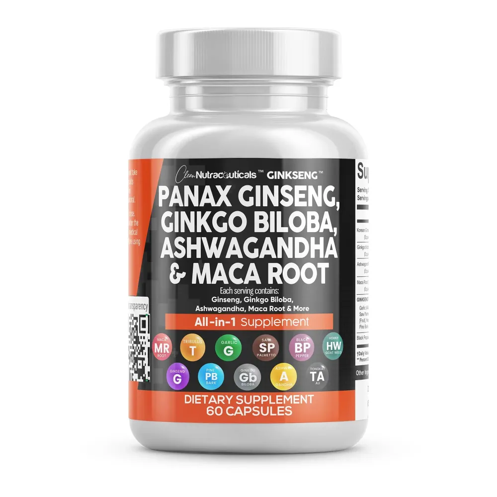 Clean Nutraceuticals Panax Ginseng Ginkgo Biloba Ashwagandha Maca Root - Focus Supplement Pills for Women and Men with Pine Bark Extract, Garlic, and Saw Palmetto - 60 Caps Clean Nutraceuticals Panax Ginseng Ginkgo Biloba Ashwagandha Maca Root - Focus Supplement Pills for Women and Men with Pine Bark Extract, Garlic, and Saw Palmetto - 60 Caps