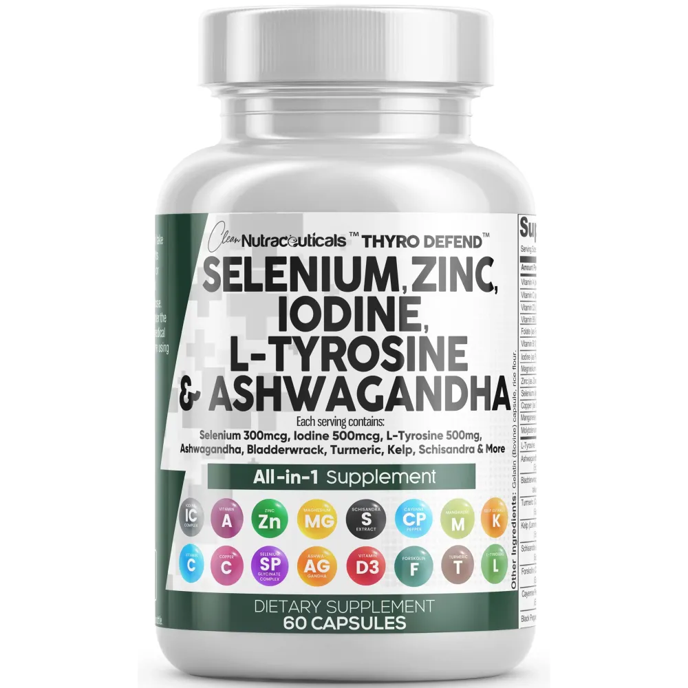 Clean Nutra Selenium 300mcg Iodine 500mcg Thyroid Support for Women & Men | L Tyrosine 500mg Ashwagandha Supplement Bladderwrack, Turmeric, Kelp, Schisandra Zinc Pills Capsule Supplements Clean Nutra Selenium 300mcg Iodine 500mcg Thyroid Support for Women & Men | L Tyrosine 500mg Ashwagandha Supplement Bladderwrack, Turmeric, Kelp, Schisandra Zinc Pills Capsule Supplements