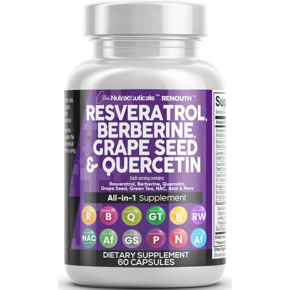Clean Resveratrol Supplement | Berberine Grape Seed Extract Quercetin Green Tea Extract Acai Noni Polyphenol Supplement for Women & Men Anti Aging N-Acetyl Cysteine NAD Booster Clean Resveratrol Supplement | Berberine Grape Seed Extract Quercetin Green Tea Extract Acai Noni Polyphenol Supplement for Women & Men Anti Aging N-Acetyl Cysteine NAD Booster